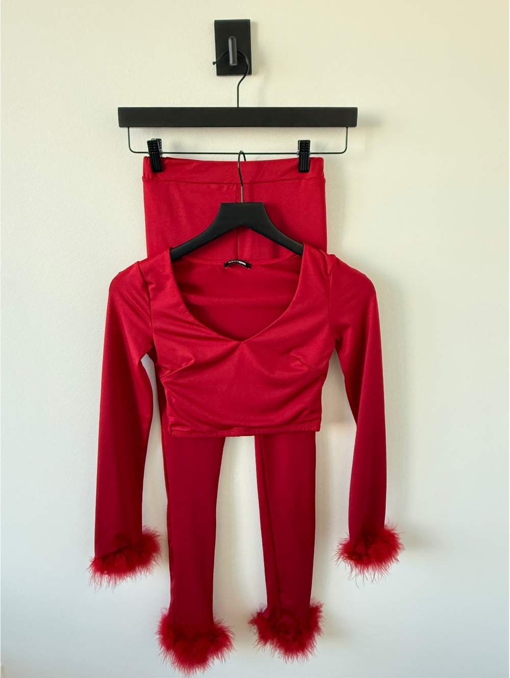 Fashion Nova Red Two-Piece Set Feather Trimmed Long Sleeve Crop Top & Leggings